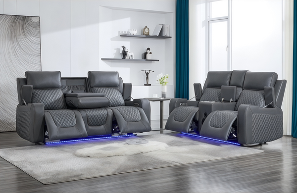 3+2 Piece Electric Home Cinema Sofa Set – Black | Hi-Tech Recliner Couch Suite with Power Recline, USB & Type-C Ports, Cupholders, Console & Built-in Bluetooth Speaker